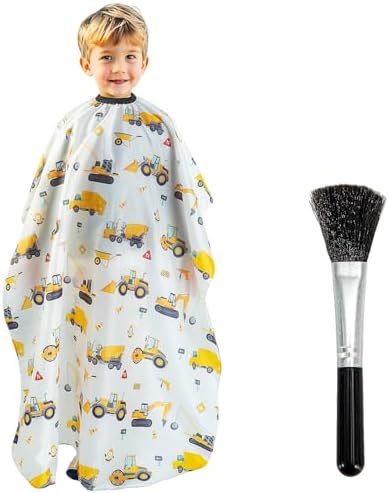 Gealaek Kids Haircut Cape and Neck Duster Brush Set with Construction Site Pattern Kids Barber Cape 55x40 Inches for Boys & Girls Salon Cape Kit (White) by Gealaek