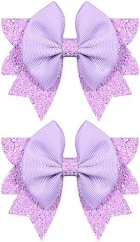 Glitter Light Purple Hair Bow Clips 2pc 3.5" Sparkly Boutique Ribbon Alligator Barrettes for Cheerleader Girls Costume Birthday Back School Dress Decor Accessory Gift by KCHIES-AccessoryCollection