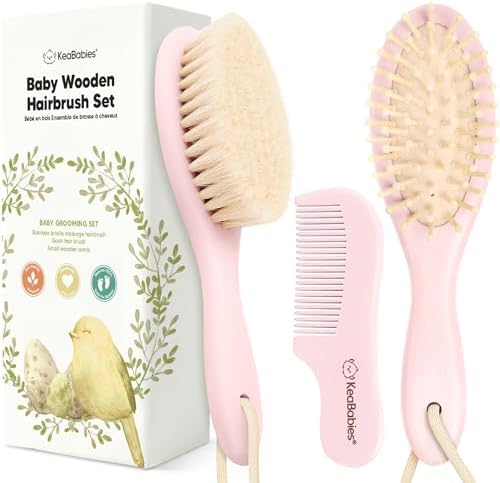 Wooden Baby Hair Brush Set for Newborns, Toddler Comb (Blush, Regular) by KeaBabies
