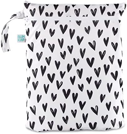 Bumkins Waterproof Wet Dry Bag for Baby, Travel, Swim Suit, Cloth Diapers, Pump Parts, Pool, Beach, Gym Clothes, Toiletry, Hook to Stroller, Daycare, Zipper Reusable Wetdry Packing Pouch, Black Hearts by Bumkins