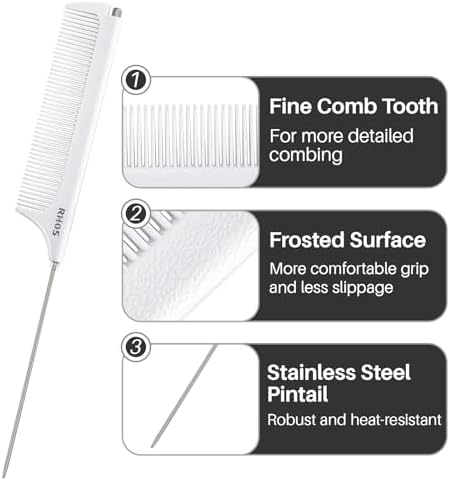RHOS Carbon Retractable Rat Tail Parting Comb - Portable Fine Tooth Teasing Comb for Styling, Hair Cutting, Braiding with Stainless Steel Pin Tail - White - Image 6