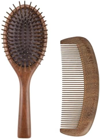 2 in 1 Hair Brush Set, Premium Golden Sandalwood Comb & Anti-Static Air Cushion Massage Brush for Men & Women, Scalp Care Hair Grooming Gift Set by FacialHairDesigner