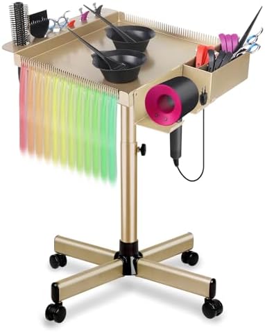 Salon Rolling Tray on Wheels with Adjustable Height - Salon & Spa Service Tray for Hair Stylist, Tattoo & Dental Use (Gold) by Qinrunkoi
