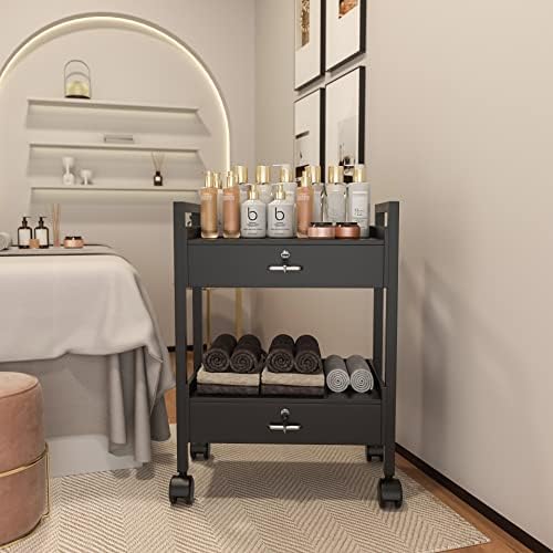 Salon Beauty Cabinet Cart Trolley 2-Layer Rolling Storage Drawer Organizer Wheels Lockable Tool Salon Station Barber Stylist Equipment Makeup Spa Cart (Black-2 Layer) - Image 3