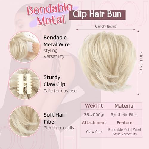 HOOJIH Messy Bun Hair Piece, Claw Clip in Straight Hair Bun 9 Inch Short Ponytail Extension with Bendable Metal Wire Hair Pieces for Women Fake Hair Bun DIY Styles - Cool Light Blonde - Image 2