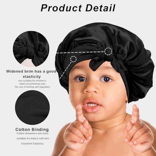 3 Pcs Kids Silk Bonnet for Sleeping - Baby Satin Bonnet for Sleep,Kids Hair Bonnets for Curly Hair Girls Boys with Wide Elastic Band,Sleeping Cap for Teens Toddler Child (Pink+Black+Light Blue) - Image 3