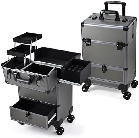Hododou Rolling Makeup Case Cosmetic Travel Trolley Storage Sliding Drawer 4 Tray Makeup Travel Case with Wheels Salon Barber Case Traveling Cart Trunk for Cosmetologist Nail Tech Hairstylist Grey by Hododou
