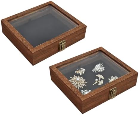 MOOCA Tempered-Glass Top 2 pieces Set Small Wooden Jewelry Display Case with Removable Black Luxurious Velvet Jewelry Display Pad, Deeper 2.2" Design for Collectibles, Brown Color. by Mooca