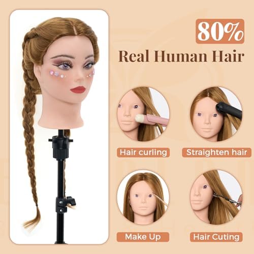 28 Inch Mannequin Head 80% Human Hair with Tripod Stand - Makeup & Styling Practice Doll Head for Braiding, Cutting, DIY Manikin Head with Table Clamp + Free Styling Accessories - Image 2