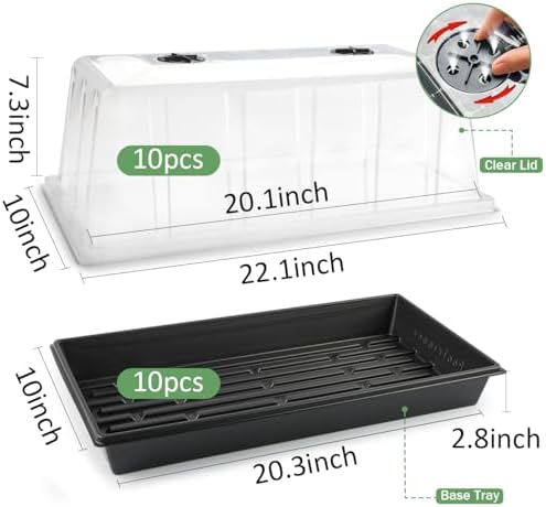 RooTrimmer 10-Pack 1020 Seed Trays with Tall 7.3" Humidity Dome, No Hole - Image 2