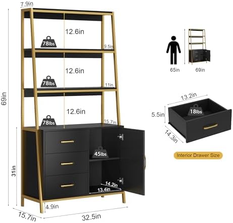 HITHOS Black Gold Bookshelf, 69" H Ladder Book Shelf with Drawers & Shelves - Image 3