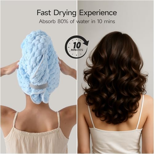 REDKISS Blue Microfiber Hair Towels - Extra Large Hair Towel Wrap for Women, 24x42 inch Hair Towels with Elastic Strap, Super Soft Hair Drying Towels for Long, Thick, Curly Anti Frizz Turbans - Image 5