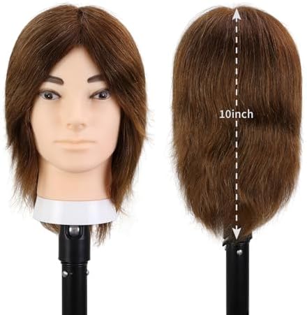 10" Brown Male Mannequin Head with 100% Real Human Hair, Professional Barber Mannequin Head Cosmetology Manikin Training Head for Haircut Styling Practice with Free Clamp Stand (Dark brown) - Image 6