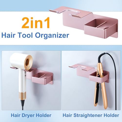 Hair Dryer Holder Wall Mounted, Hair Straightener Holder Metal, Adhesive Blow Dryer and Hair Straightener Holder, Bathroom Bedroom Hair Tool Organizer for Flat Iron,Curling Iron,Hairdryer (Rose Gold) - Image 2