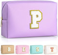 TOPEAST Personalized Makeup Bag, Chenille Letter Pouch Cosmetic Bag w Zipper, PU Leather Waterproof Toiletry Bag, Bridal Shower Gifts for Bridesmaids, Cute Stuff for Girls (Purple P) by TOPEAST