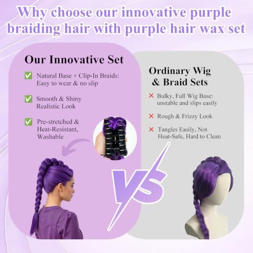 24" Purple Braid Hair & Purple Hair Wax for Kids Halloween Costume - Image 2