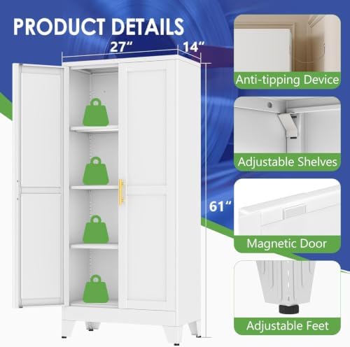61" Metal Garage Storage Cabinet with 2 Doors and 3 Adjustable Shelves,Metal Storage Cabinets,Steel Tool Cabinets for Home,Office,Garage,Warehouse(White, 61''H x 27''W x 14''D) - Image 3