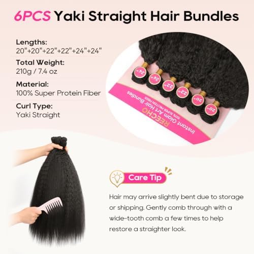 REECHO Yaki Straight Hair Bundles, 6PCS Super Protein Fiber Kinky Straight Quick Weave Bundles 20 22 24 Inch Full Head Synthetic Hair Extensions for Women - Black Brown - Image 5