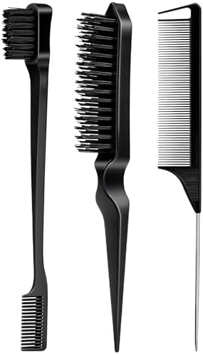 3 Pieces Hair Styling Comb Set Teasing Brush Rat Tail Comb Edge Brush for Edge&Back Brushing, Combing, Slicking Hair for Women (Black) by Goiple