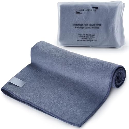 SimpleField Large Microfiber Hair Towel Wrap (27x40 Inches) for Women, Anti-Frizz Flat Rectangle Drying Towel with Full Hair Coverage Design, Elastic Band for Long, Curly and Thick Hair (Grey) by SimpleField