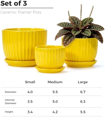 Ceramic Planters,Yellow Plant Pots with Drainage Holes and Saucers Set of 3 - Image 2