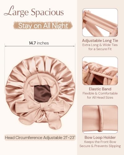 BONNET QUEEN Silk Bonnet for Sleeping Women HYALURONIC Acid Reversible Double Layer Satin Bonnet Night Sleep Cap Wrap for Curly Hair with Adjustable Tie Band & Scrunchie, Champagne & Brown - Image 4