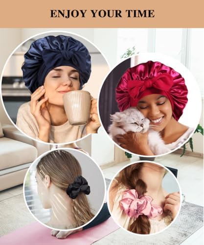 2+3 Large Satin Bonnets with Scrunchies for Women, Hair Bonnet Sleeping Tie Bonnet for Braids Curly Hair - Image 5