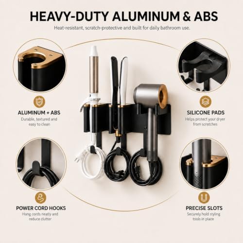 Hair Tool Organizer Wall Mount, 3 in 1 Vanity Organizer Hair Dryer and Curling Iron Holder, Curling Iron Holder Wall Mount, Blow Dryer Wall Mount Holder Black Gold Aluminum Alloy ABS - Image 3