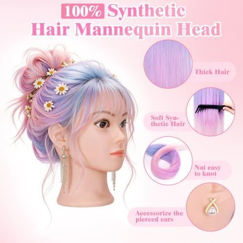 29''Mannequin Head with Hair,Colorful Mannequin Doll Head-Blue Purple Ombre - Image 3