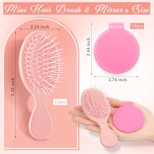 Meanplan 24 Pcs Mini Hair Brush Set 12 Travel Wet Dry Hair Combs Pocket Detangling 12 Compact Folding Makeup Mirrors for Spa Sleepover Birthday Bridal Shower Bachelorette Christmas Party Gift (Pink) - Image 2