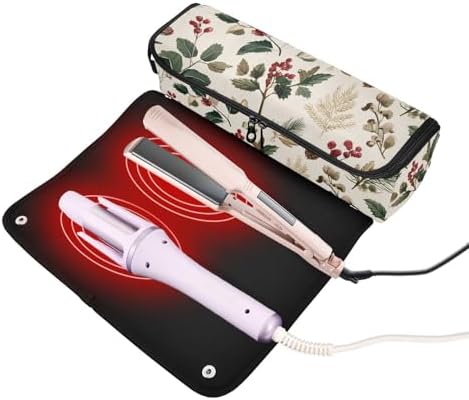 Hair Tools Travel Bag with Heat Resistant Mat Detachable 2-in-1 Curling Iron Travel Case Hot Tools Organizer for Straightener Flat Iron Beige Holly Leaves Pine Needles Pinecones - Image 2
