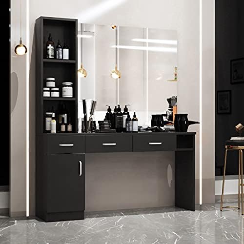 Paddie Barber Salon Station Wall Mount Hair Styling Salon Equipment Set Beauty Spa Furniture Set, Lockable Left Shelf, Mirror not Included(Black) by Paddie