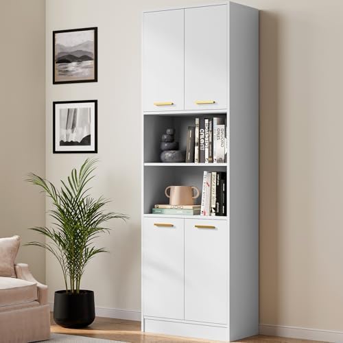 Cozy Castle Kitchen Pantry Cabinet, 75" Tall Wood Storage Cabinet with Doors and Shelves, 4 Doors Open Countertop Utility Hutch Cupboard for Dining Room Living Room Bathroom Furniture, White by CozyCastle