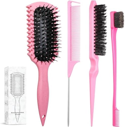 Curl Defining Brush, Curly Hair Brush Products With 3 Pcs Slick Back Hair Brush Set Bristle Brush Edge Control Teasing Comb for women (Pink) by Unknown