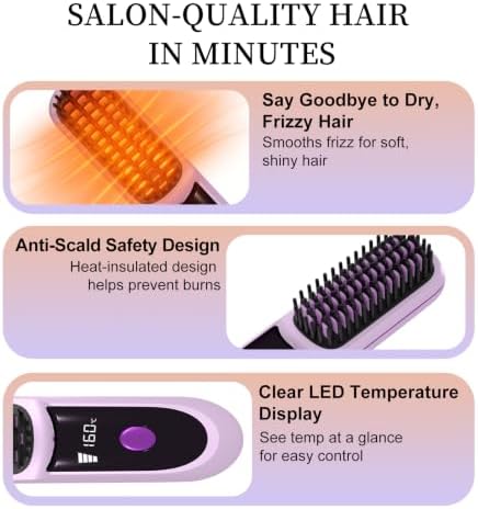 Go Brush Pro for Short Hair 2026, Portable Straightener Brushs for Travel, with LCD Temperature Display, Fast Heating Cordless Mini Hair Brushs(Purple) - Image 4