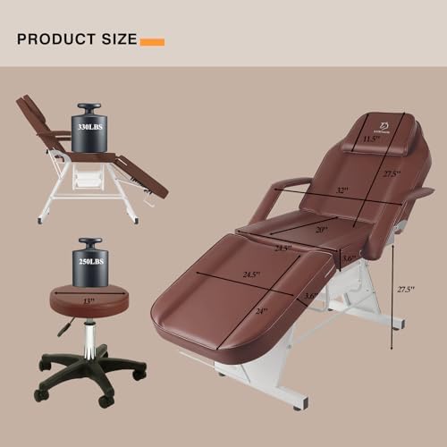 Facial Chair,73″ Tattoo Chair for Client,3-Section Adjustable Massage Table with Stool,Multipurpose Beauty Beds Salon Equipment for Esthetician,Tattooshop,Spa (Brown) - Image 3