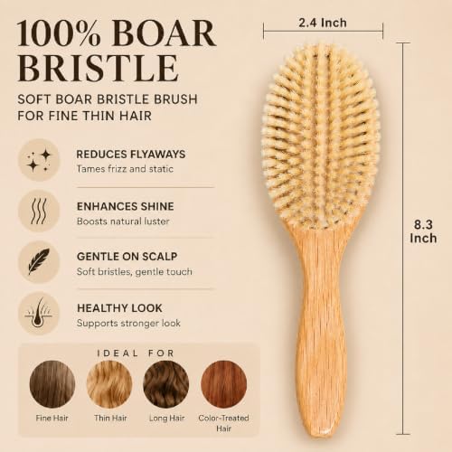 100% Boar Bristle Hair Brush for Fine Hair, Soft Boar Bristle Oval Cushion Brush for Girls & Women with North American Oak Wood Handle, Wide Tooth Comb & 2-in-1 Cleaning Tool for Daily Shine - Image 2
