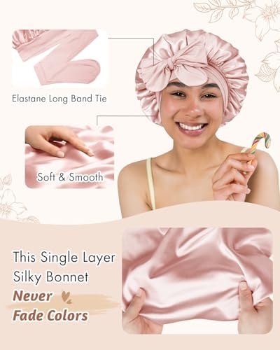 BONNET QUEEN Small Double Layer Silk Bonnet for Sleeping for Women Satin Lined Bonnet Night Cap for Short Thin Hair with Tie Band, Cream Pink - Image 5