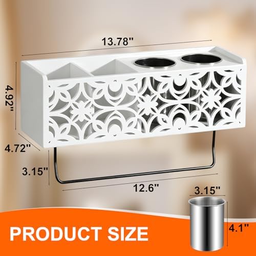 Hair Dryer Holder Wall Mounted with Stainless Steel Cups and Towel Bar - Image 7