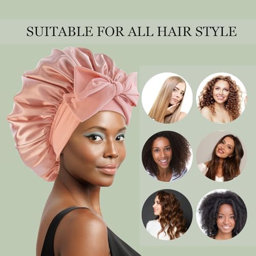 Satin Silk Hair Bonnet for Sleeping Large Bonnets with Tie Band Wrap with Adjustable Straps Night Sleep Caps for Women Curly Braid Hair Blush Pink - Image 4