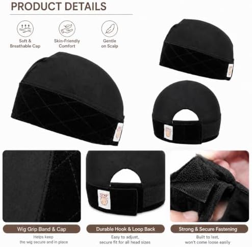 2 Pack Wig Grip Caps for Women Non Slip, 2-in-1 Modal Wig Cap with Velvet Grip Band & Silicone Grip, Hair-Friendly Short Hook Closure, Black Glueless Wig Cap for Lace Front Wigs, Fits 18.5-23 Inch - Image 5