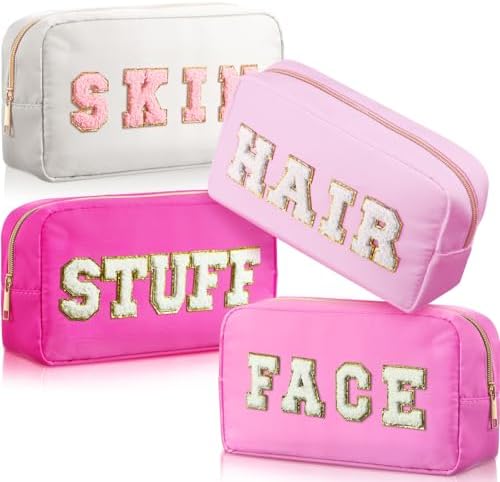 Remerry 4 Pcs Nylon Makeup Bags Waterproof Spacious Travel Cosmetic Bag for Women Chenille Letter Preppy Zipper Pouch Face Stuff Skin Hair Organizer Gift(Rose Red, Pink, Light Pink, White) by Remerry