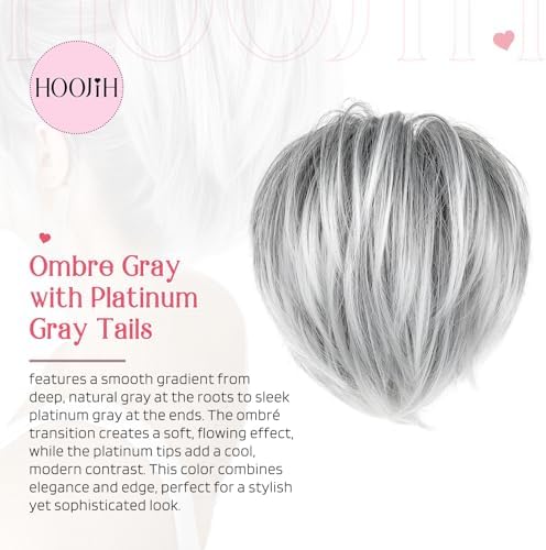 HOOJIH Ponytail Extension, Claw Clip in Straight Messy Hair Bun - 9 Inch Short Ponytail with Bendable Metal Wire Hair Pieces for Women - Fake Hair Bun - Ombre Gray with Platinum Gray Tails - Image 4