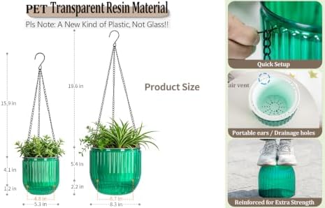 Melphoe 2 Pack Self Watering Hanging Planters Indoor Flower Pots, 5.3/8.3 Inch Outdoor Hanging Basket, Plant Hanger with 3Hooks Drainage Holes for Garden Home (Emerald) - Image 6