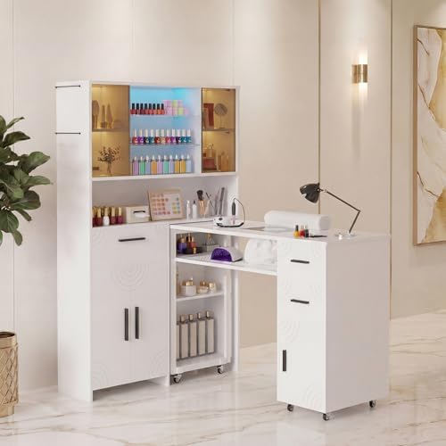 Manicure Table with Dust Collector and LED Display Cabinet (White) by Oakvera