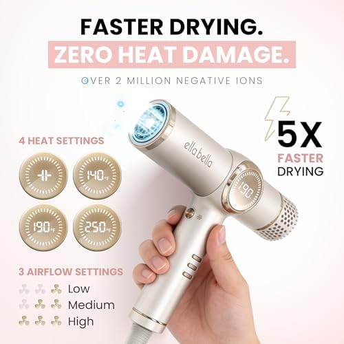 ELLA BELLA® Ionic Hair Dryer with Diffuser - Negative Ion Blow Dryer, Quiet - Image 4