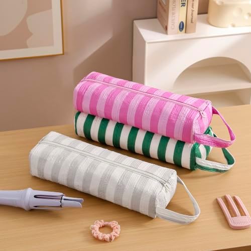 RSRSLEII Striped Hair Tools Travel Bag, Portable&Foldable, Rose Red&Pink - Image 6