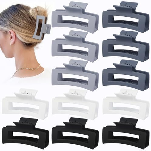 12 Pcs Medium Hair Clips for Women, 3.5 Inch Square Claw Clips, Colorful Hair Claw Clips for Thick and Thin Hair, Bulk Hair Accessories for Women and Girls- Grey by SisiaipuHairClawClips
