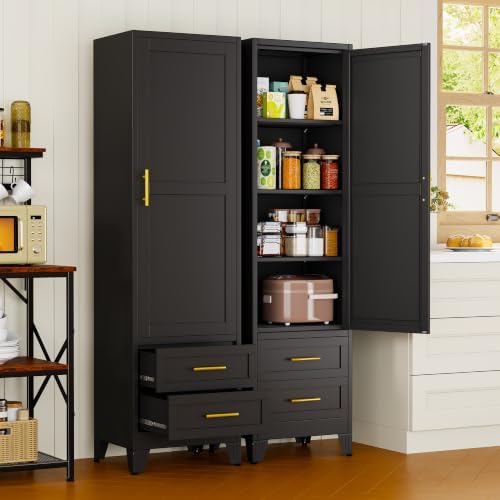 67" Tall Narrow Metal Storage Cabinet, Freestanding Pantry Organizer, Black - Image 2