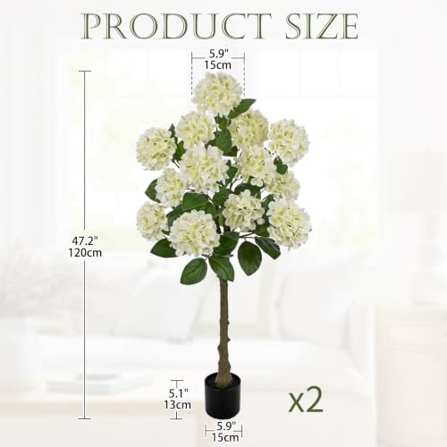 4FT White Hydrangea Artificial Flowers Tree 2 Pack Large Real Touch Faux Silk Hydrangea Plants Potted Fake Flower in Black Pot for Home Indoor Outdoor Front Porch Garden Entrance Living Room Decor - Image 2